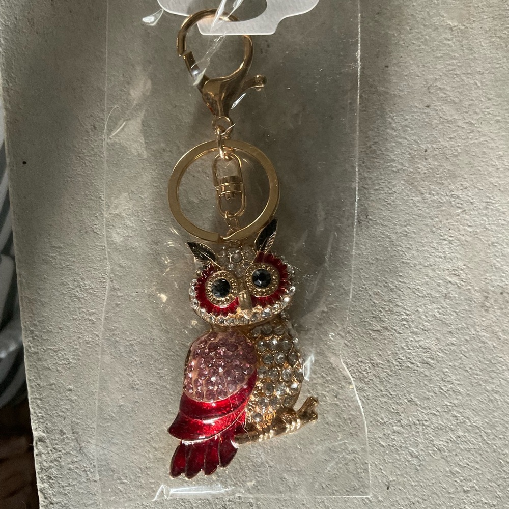 OWL pink red rhinestone Key Chain + Clip NIP GIFTABLE